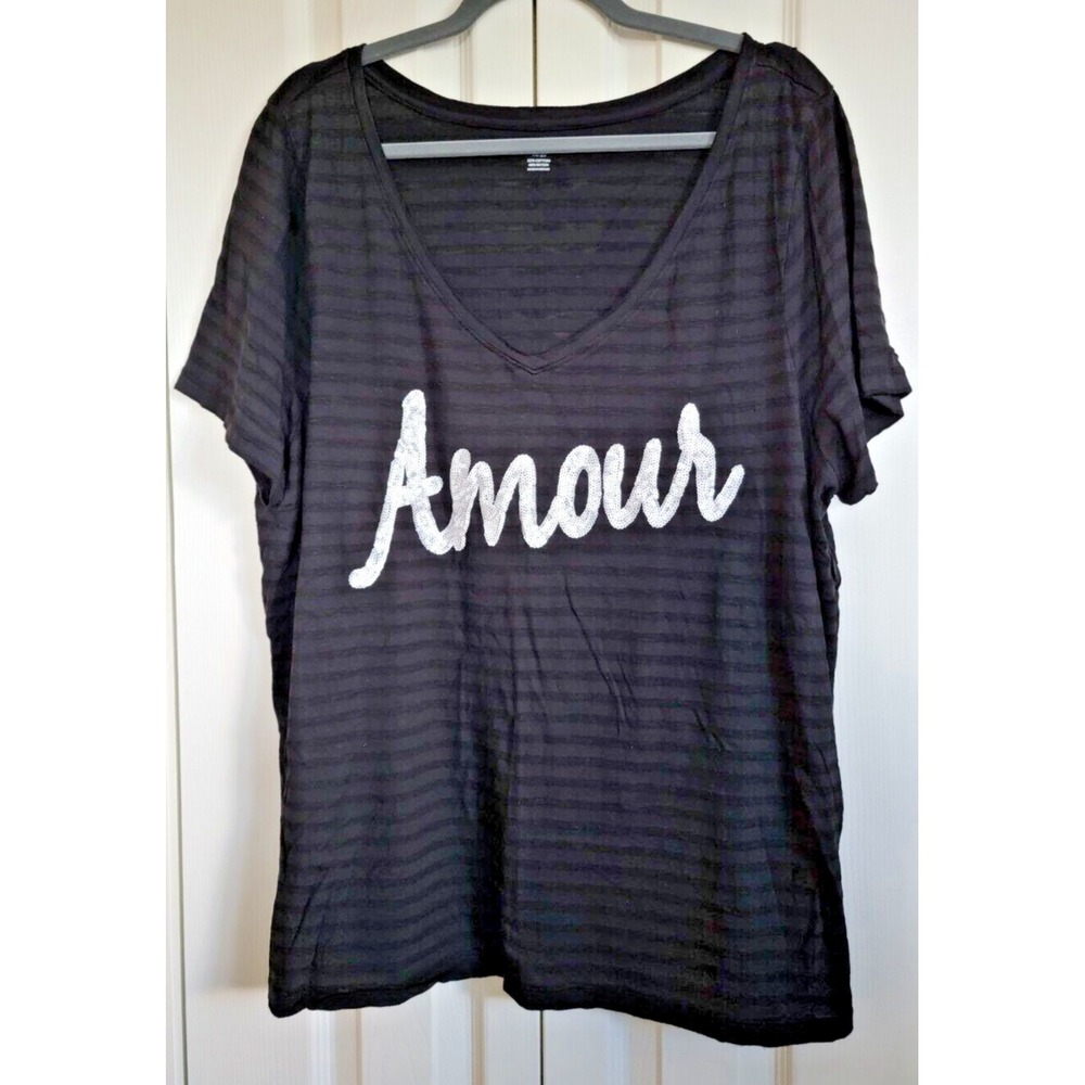 Lane Bryant Top Women's Size 18/20 Amour Sequin Black V Neck‎ Short Sleeve Shirt